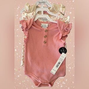 NWT 3 Onesies Nicole Miller Peachy Pink Ruffle Sleeve Baby Romper 6/9m
